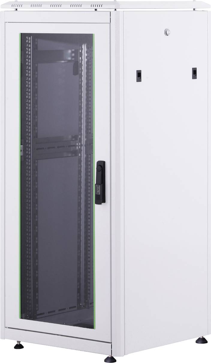 Ein moderner, weißer Serverschrank mit Glastür und schwarzem Rahmen für die Aufbewahrung von Netzwerkausrüstung.