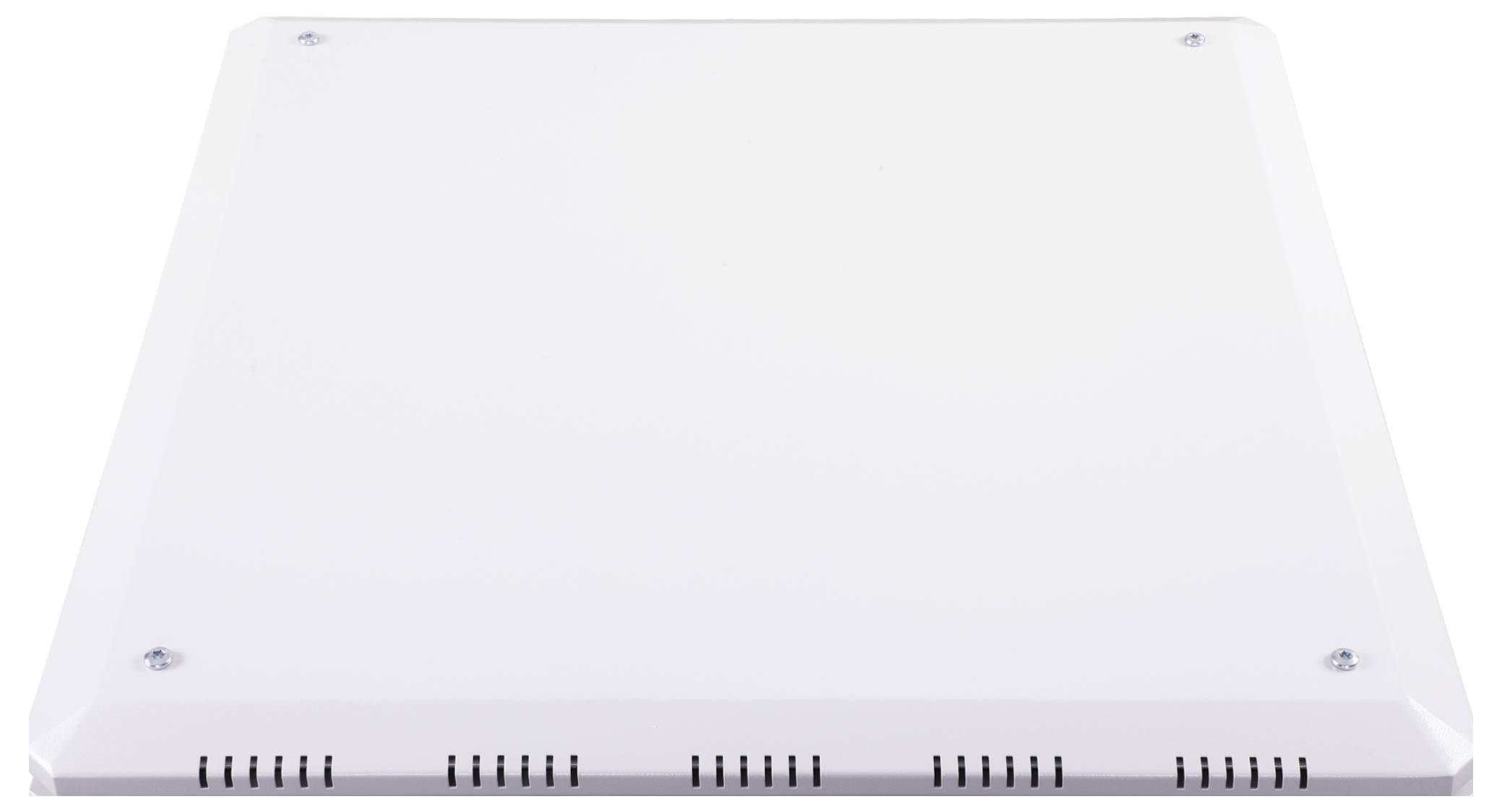 Weiße quadratische Deckenleuchte mit Metallrahmen und kleinen Lüftungsschlitzen an der Unterkante.