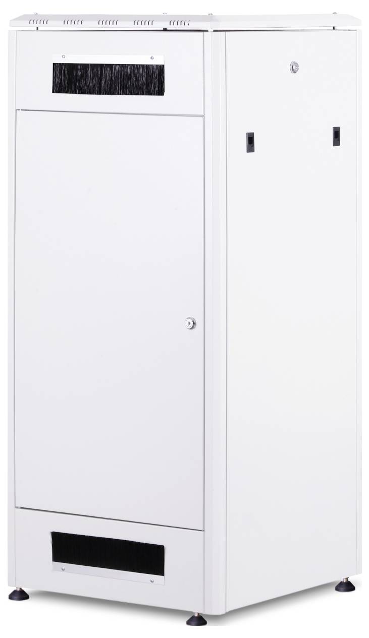 Weißer, stehender Server- oder Netzwerk-Schrank mit Belüftungsschlitzen. Geeignet zur Aufbewahrung von Servern oder IT-Ausrüstung.