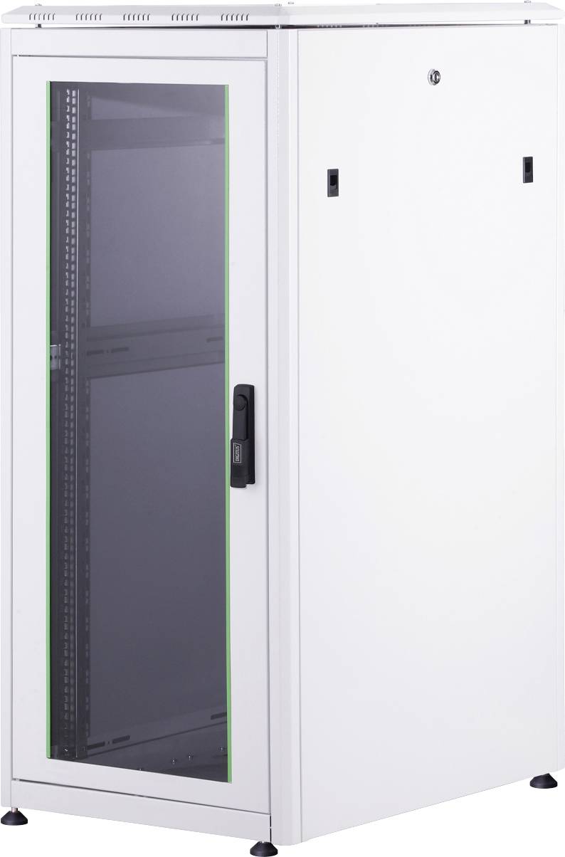 Weißer Serverschrank mit Glastür und schwarzem Griff, geeignet zur Aufbewahrung von Computerausrüstung in Rechenzentren oder Büros.