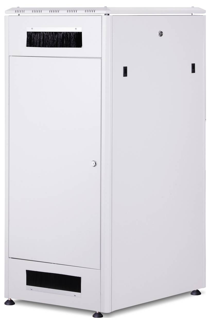 Ein weißer, rechteckiger Schrank mit einer Tür und Lüftungsschlitzen unten. Der Schrank steht auf kleinen Füßen.