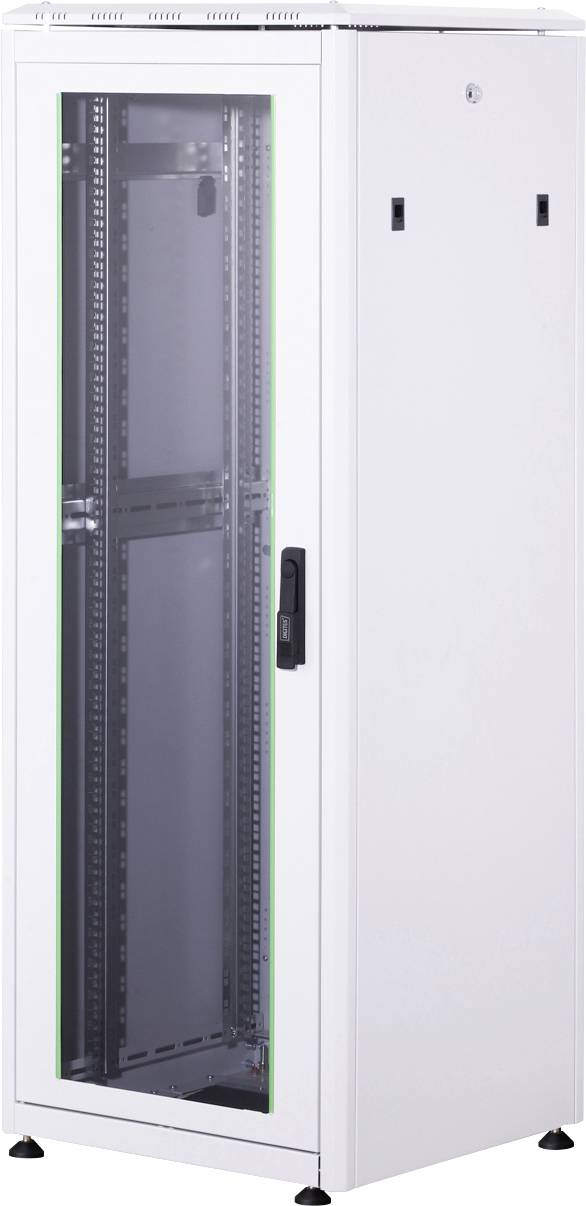 Ein weißer Server-Rack-Schrank mit Glastür und schwarzem Griff, geeignet zur Aufnahme von IT-Ausrüstung, steht aufrecht.