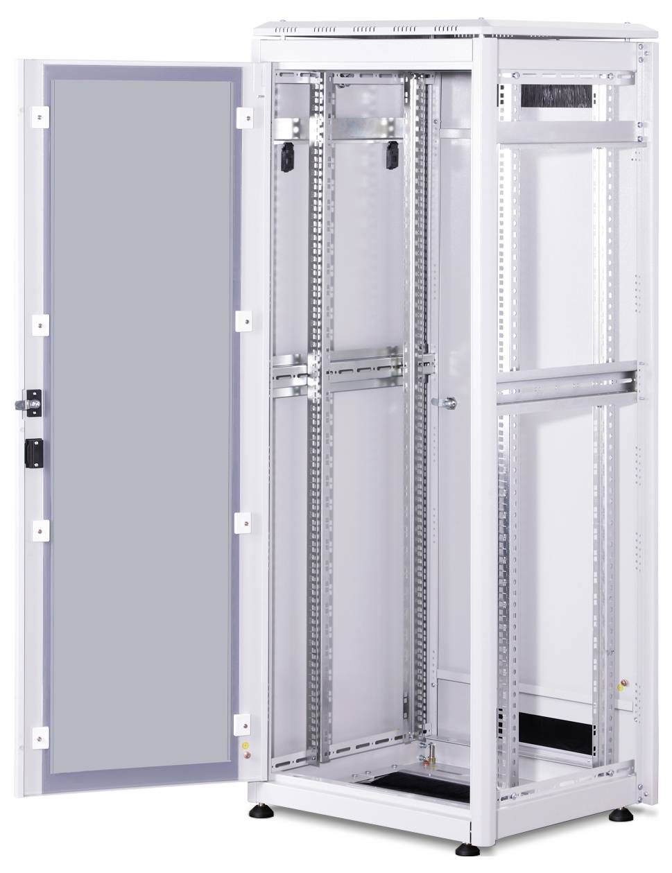 Ein offener, leerer Netzwerkschrank mit Glastür. Ideal für die Installation von Servern oder Netzwerkgeräten in einem Technikraum.