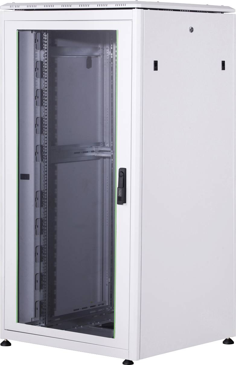 Ein weißes Server-Rack-Gehäuse mit Glastür, geeignet für die Unterbringung von Server- und Netzwerkausrüstung in einem Rechenzentrum.