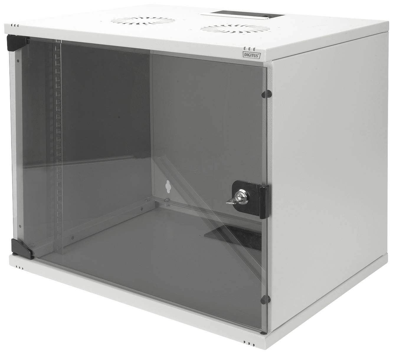 Ein weißer Metallschrank mit einer Glastür und Belüftungsöffnungen auf der Oberseite, oft zur Lagerung von Elektronikgeräten genutzt.