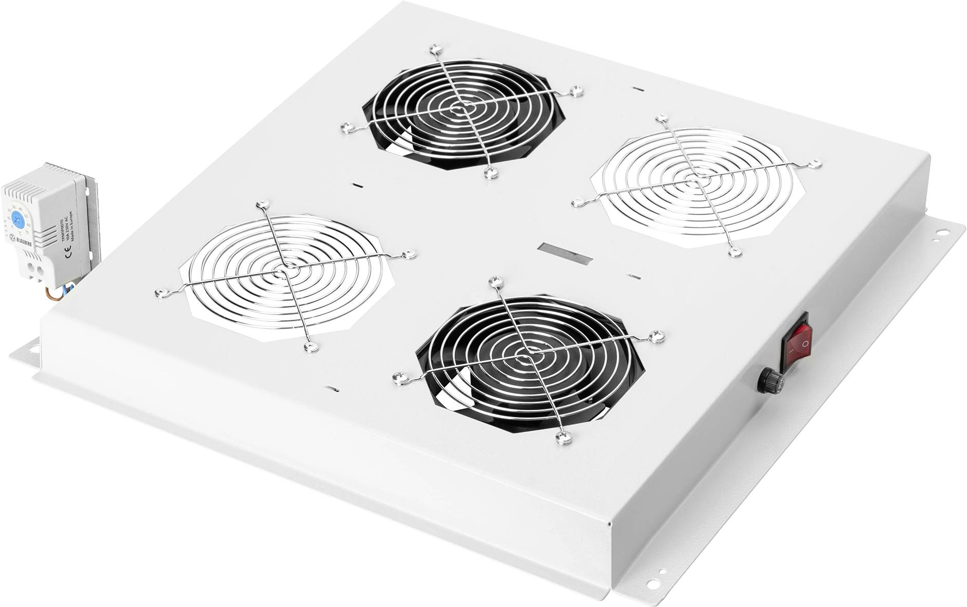 Eine quadratische Lüftungseinheit mit vier Ventilatoren und Schutzgittern, mit einem Schalter an der Seite zur Luftzirkulation.