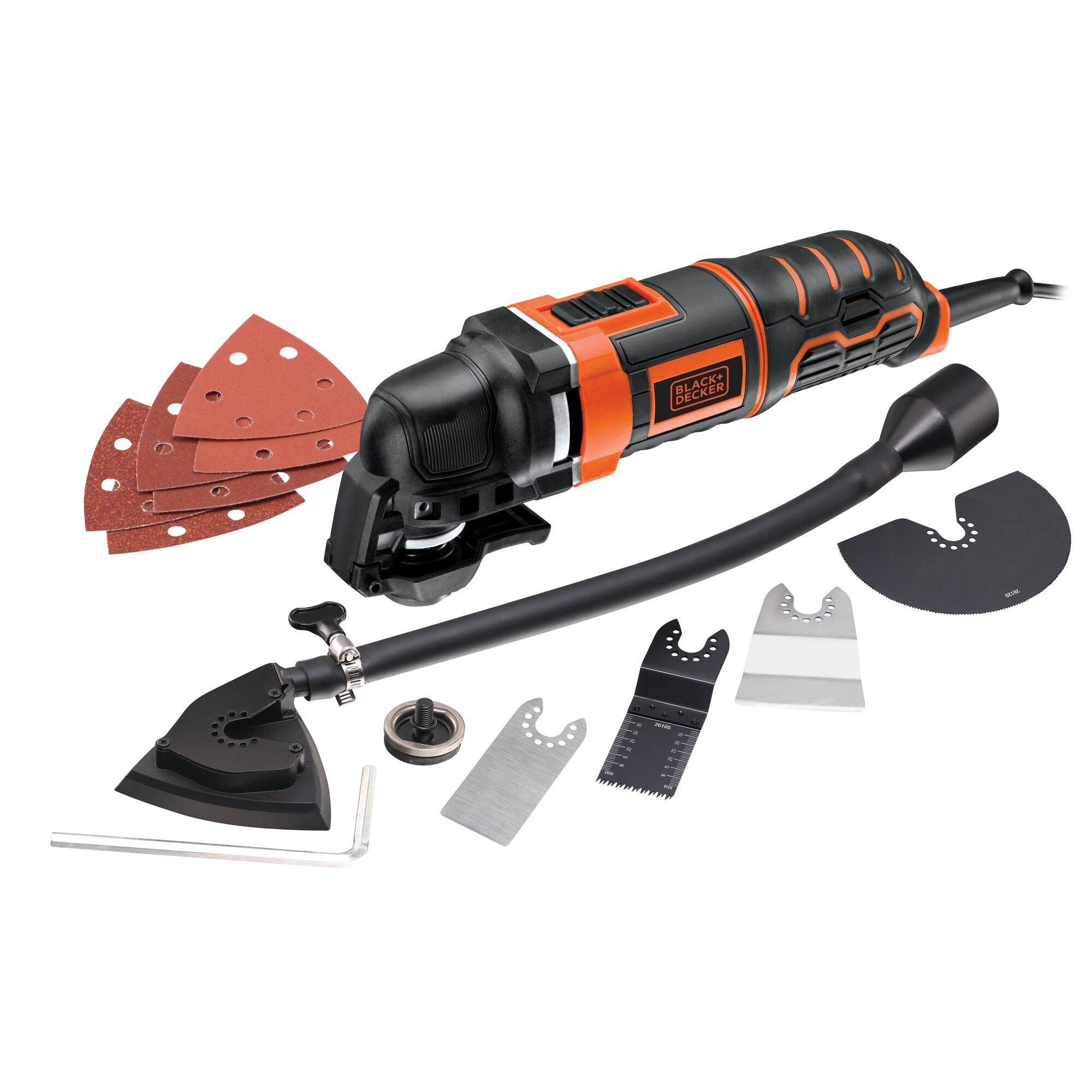 Ein Multifunktionswerkzeug mit verschiedenen Aufsätzen, darunter Schleifpapier, Klingen und Zubehör, vor weißem Hintergrund.
