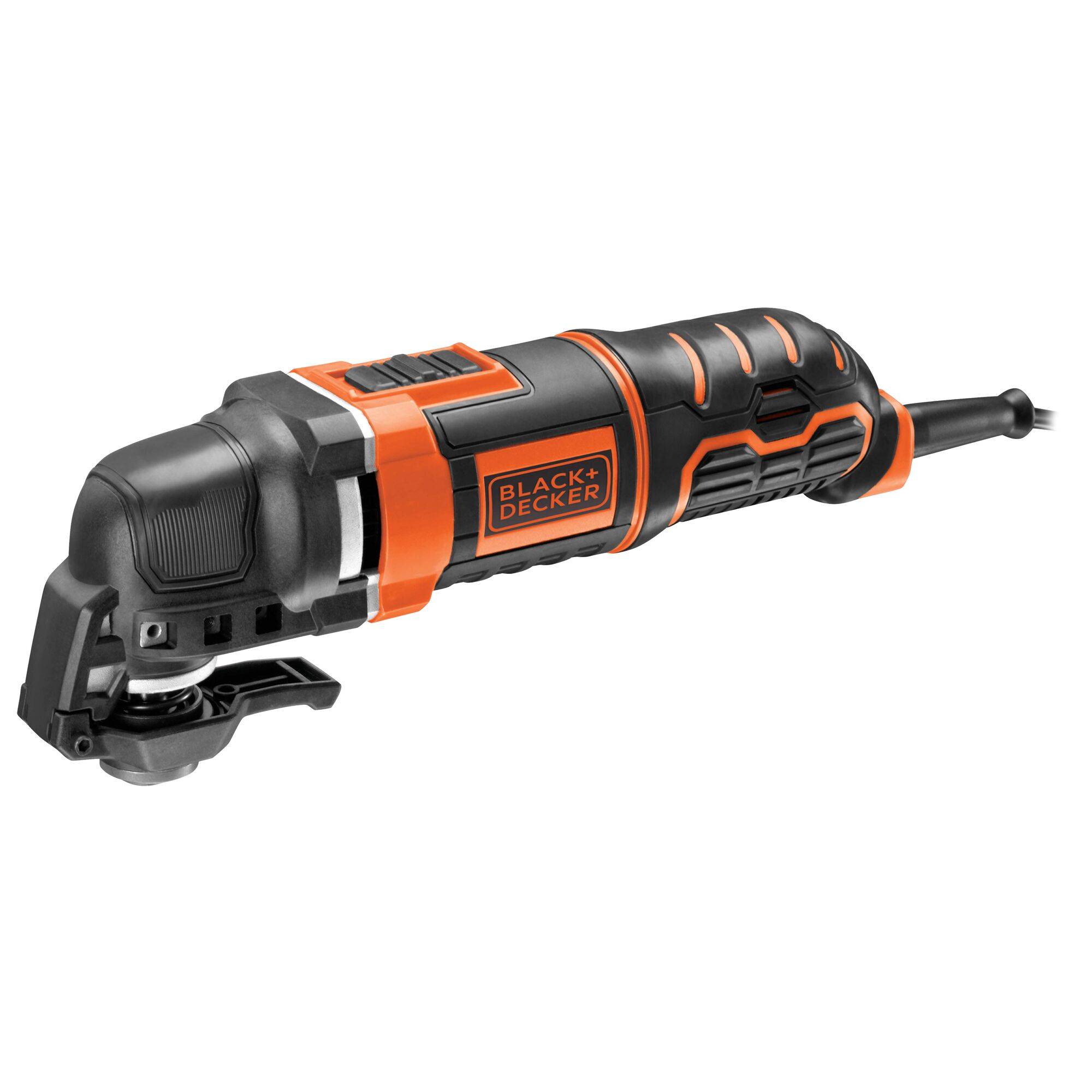 Ein elektrisches Multifunktionswerkzeug in Schwarz und Orange der Marke Black & Decker. Es ist für verschiedene Heimwerkerarbeiten geeignet.