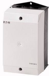 Ein weißes elektrisches Gehäuse mit der Aufschrift 'EATON' links oben. Geeignet für technische Installationen in elektrischen Systemen.