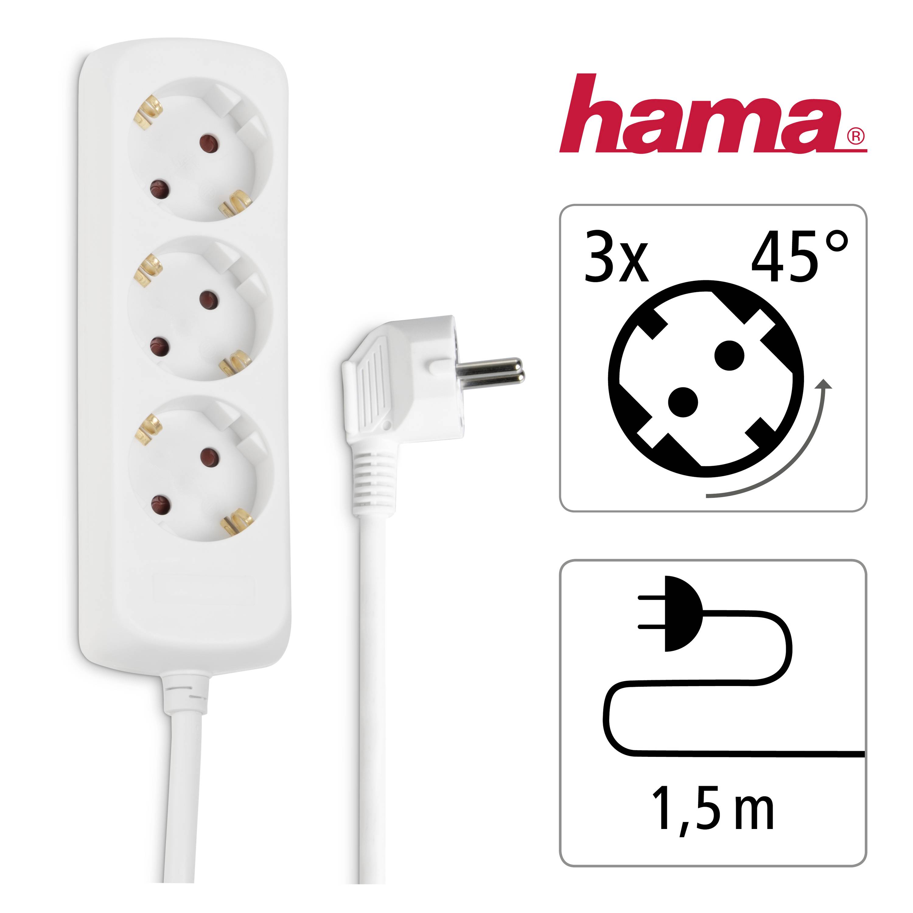 Dreifachsteckdose mit 1,5 m Kabel, 45° gedreht. Markennamen 'hama' oben rechts. Zeigt Symbole für Kabelverlängerung.