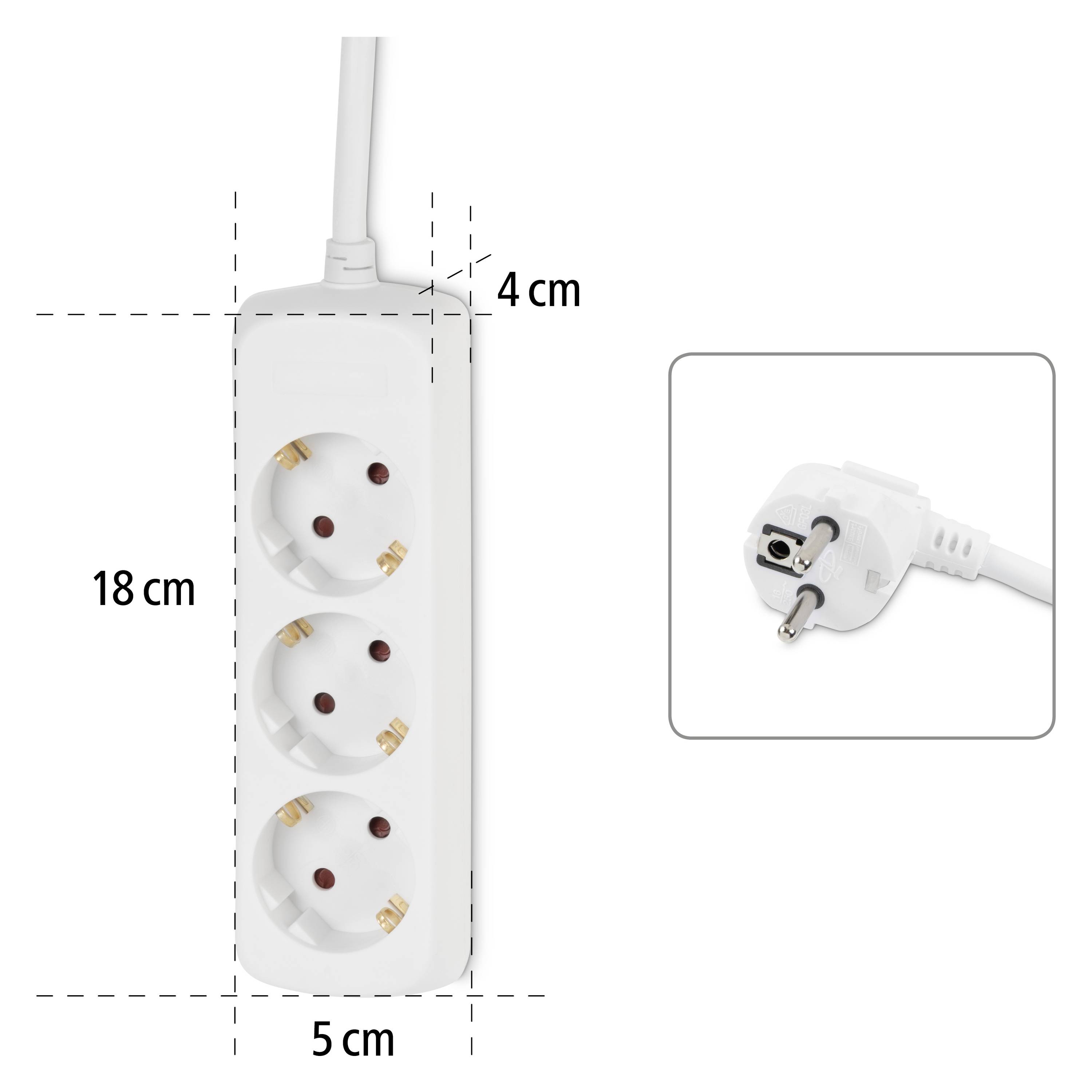 Dreifachsteckdose mit Kabel, Maße: 18 cm x 5 cm x 4 cm. Separate Nahaufnahme eines Steckers.