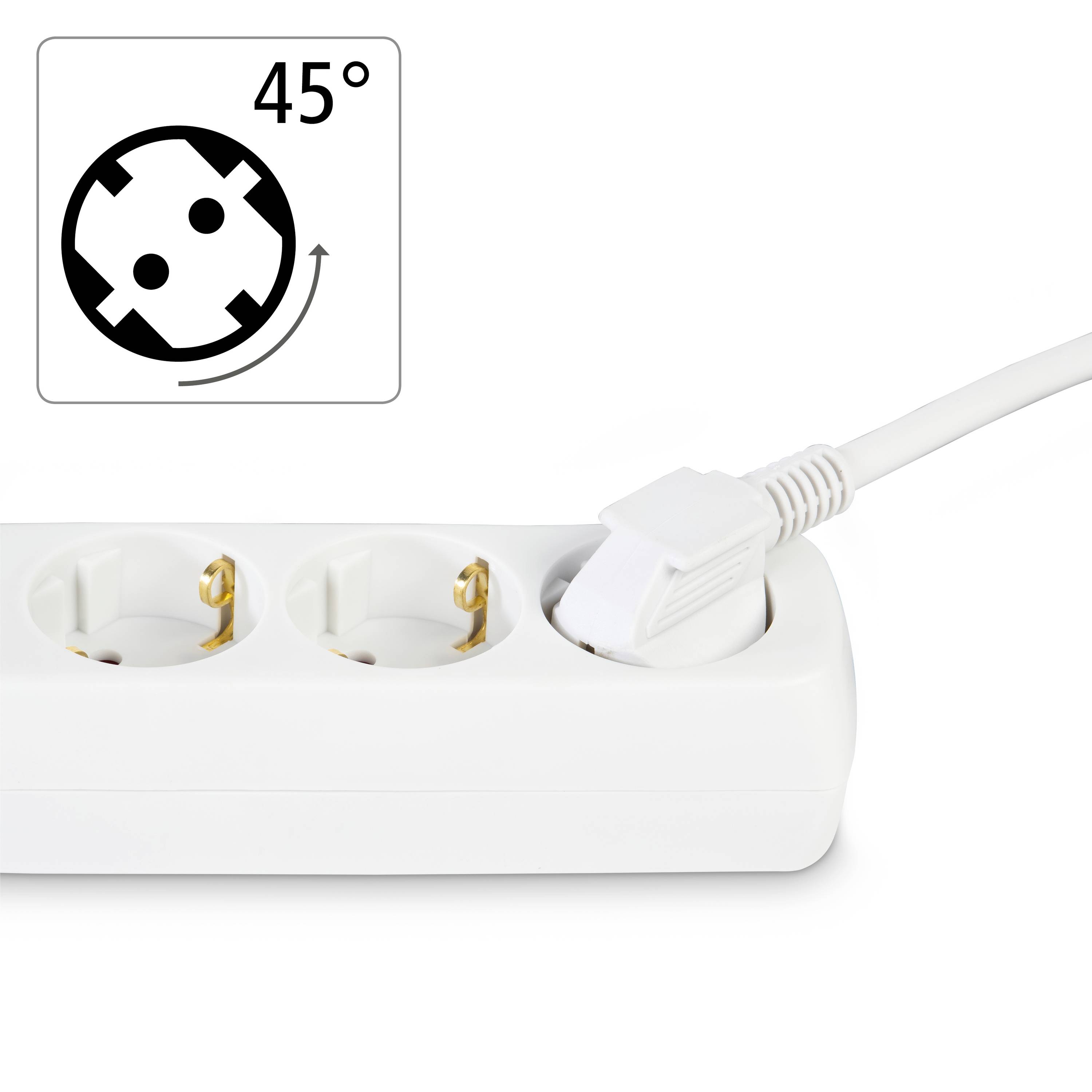 Dreifachsteckdose mit einem weißen Kabel, das in eine der Steckdosen eingesteckt ist. Symbol zeigt drehbare Steckdosen um 45 Grad.