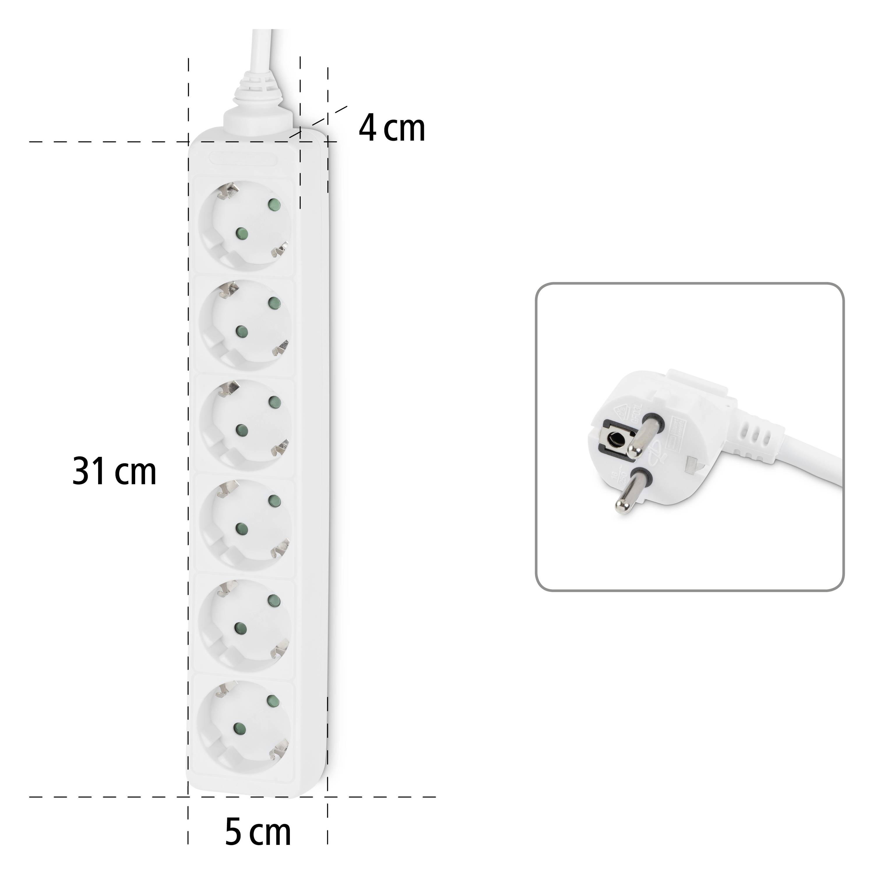 Sechsfach-Steckdosenleiste, Maße: 31 cm x 5 cm x 4 cm. Detailansicht des Steckers auf der rechten Seite.