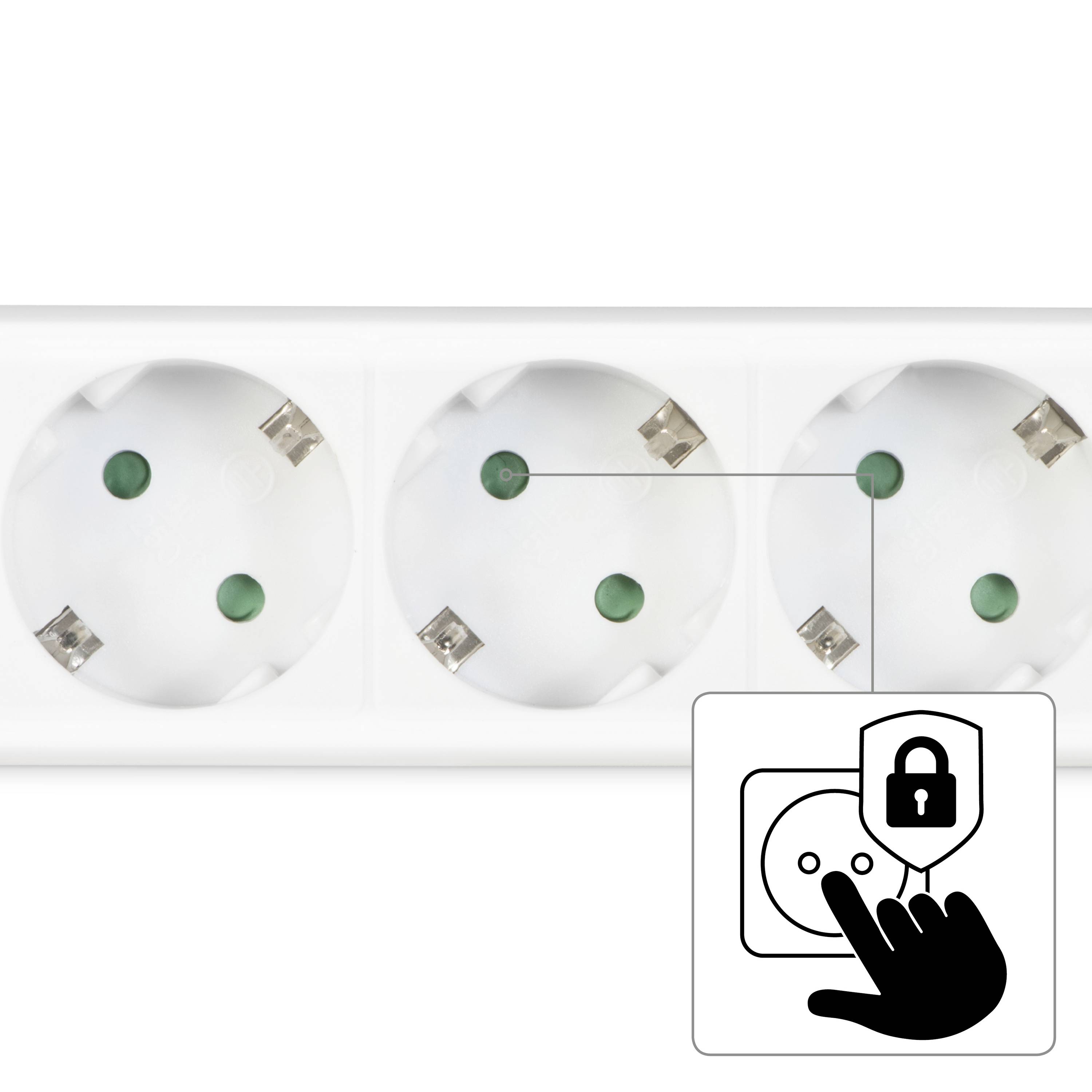 Doppelsteckdose mit Kindersicherung, die durch ein Schloss-Symbol angezeigt wird. Eine Hand zeigt auf die Sicherungsfunktion.