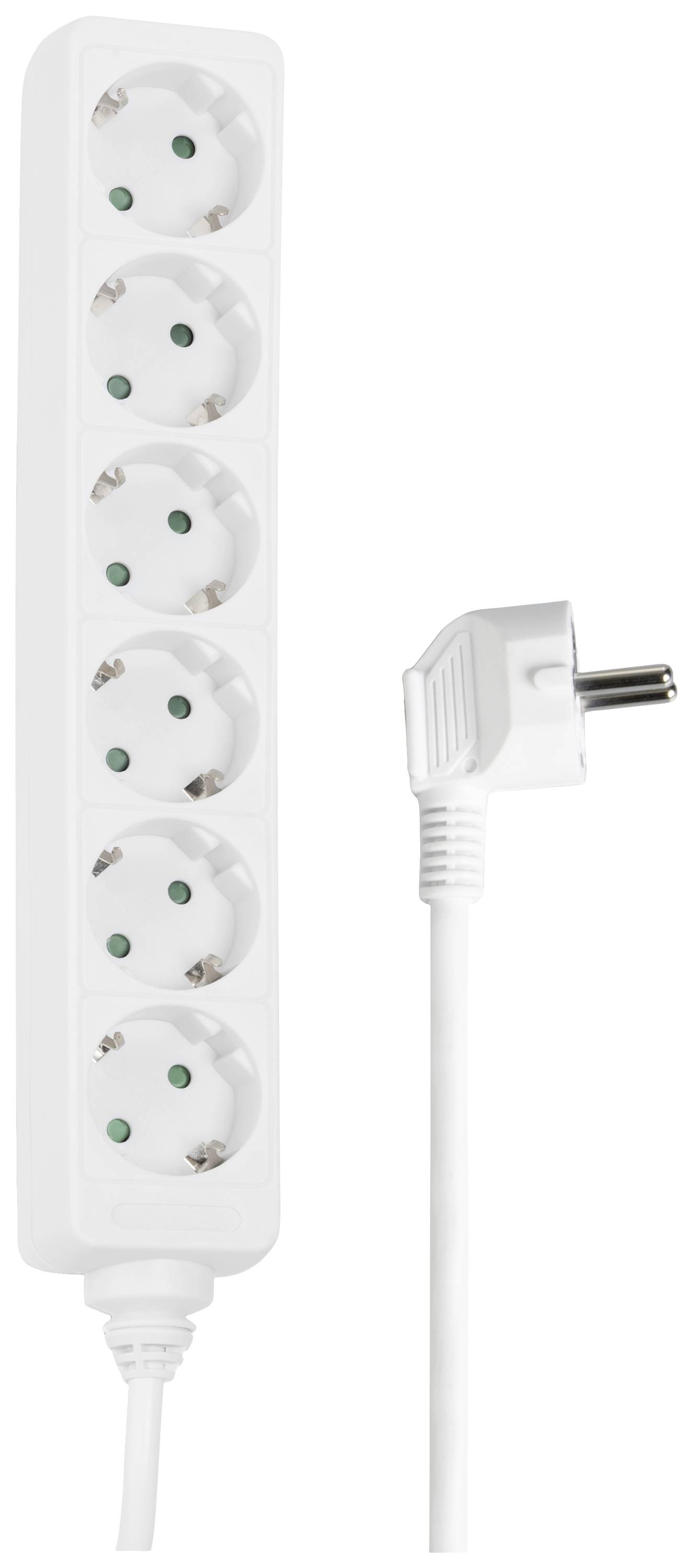 Eine weiße Steckdosenleiste mit sechs Steckplätzen und einem weißen Netzkabel für den Anschluss an eine Stromquelle.