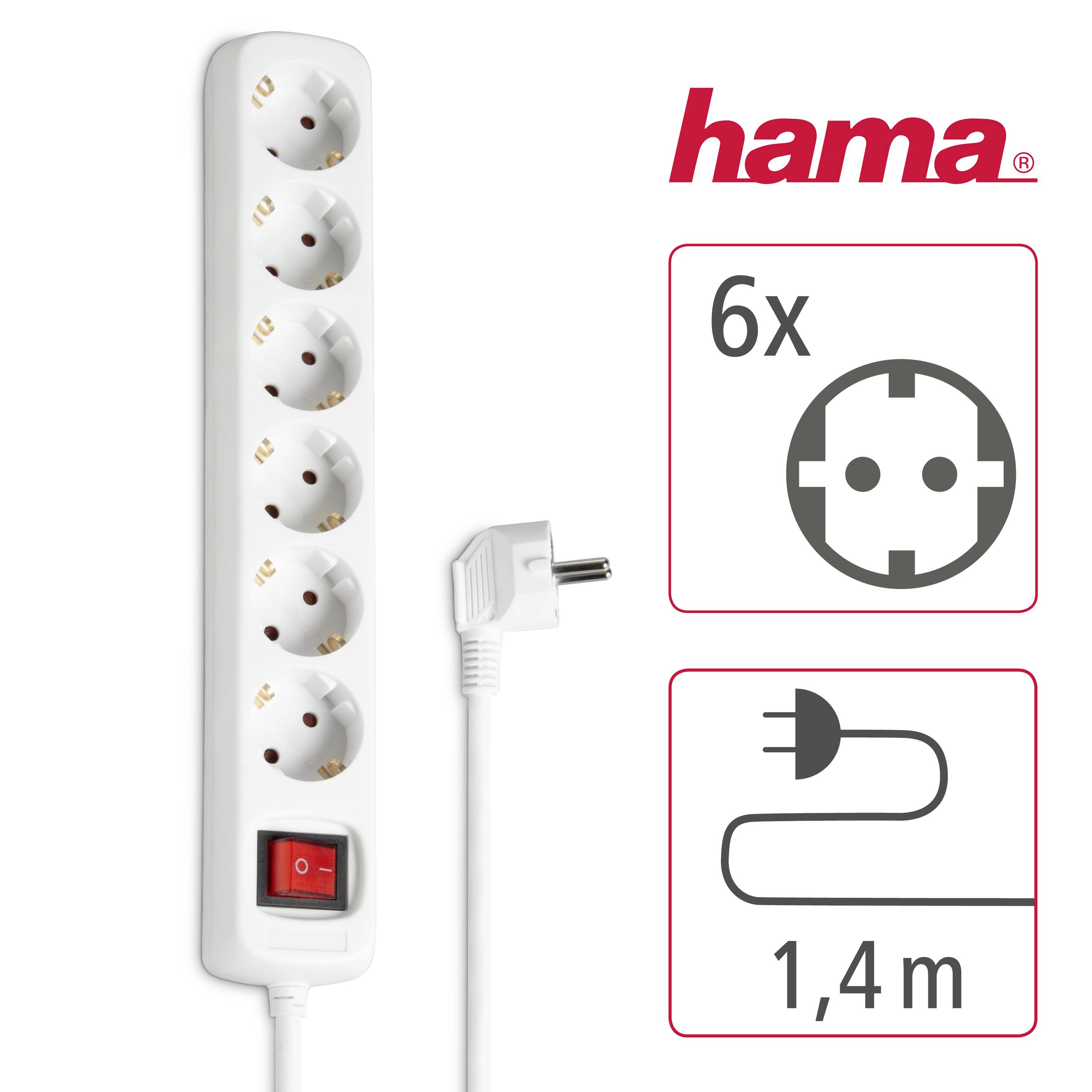 Eine weiße Steckdosenleiste mit sechs Steckplätzen, rotem Ein-/Ausschalter, 1,4 Meter Kabel. Markenname 'hama' sichtbar.
