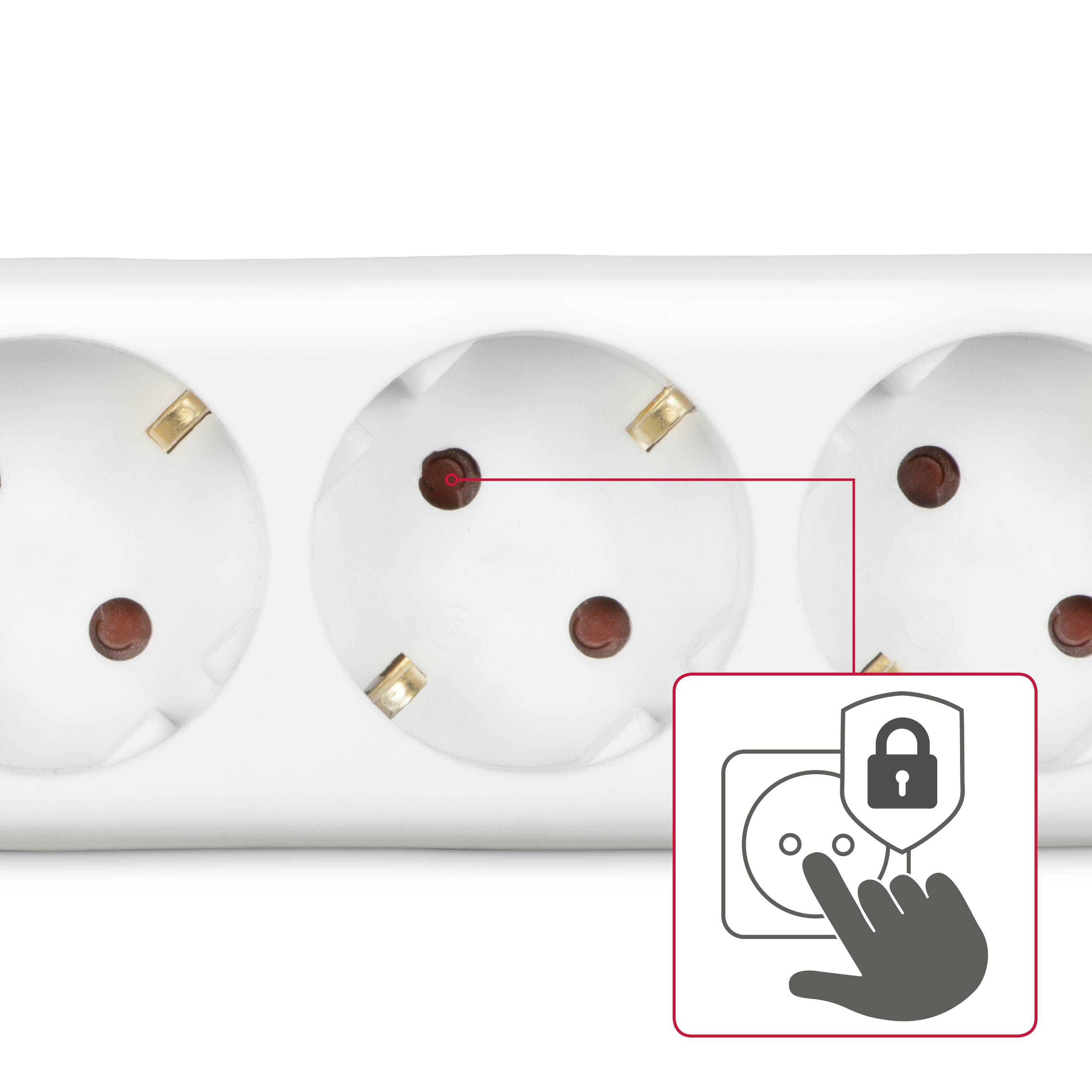 Eine weiße elektrische Steckdosenleiste mit einem Symbol, das eine Hand beim Berühren zeigt, zusammen mit einem Schlosszeichen.