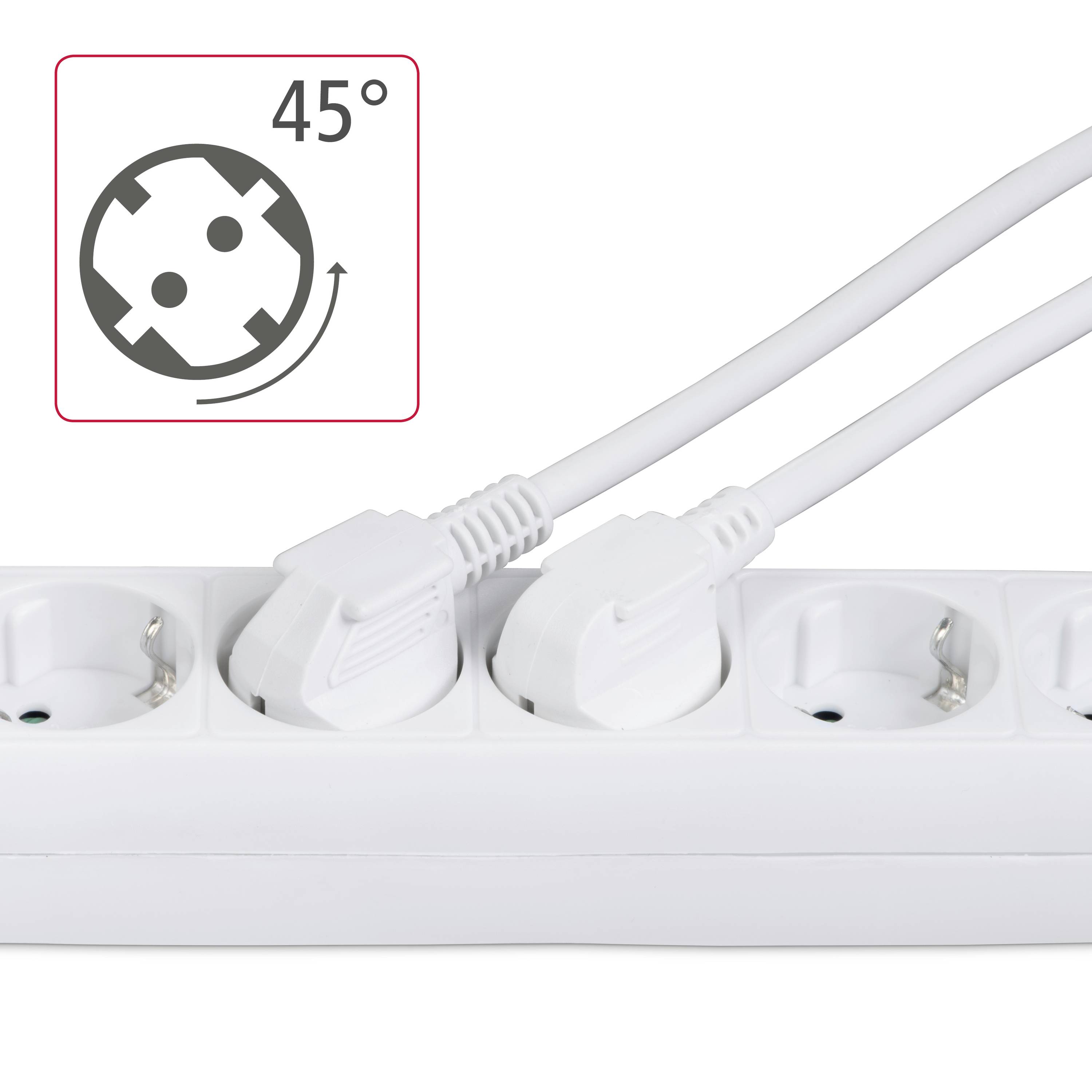 Mehrfachsteckdose mit vier Steckplätzen, zwei Stecker sind eingesteckt. Ein Symbol zeigt einen um 45 Grad drehbaren Stecker.