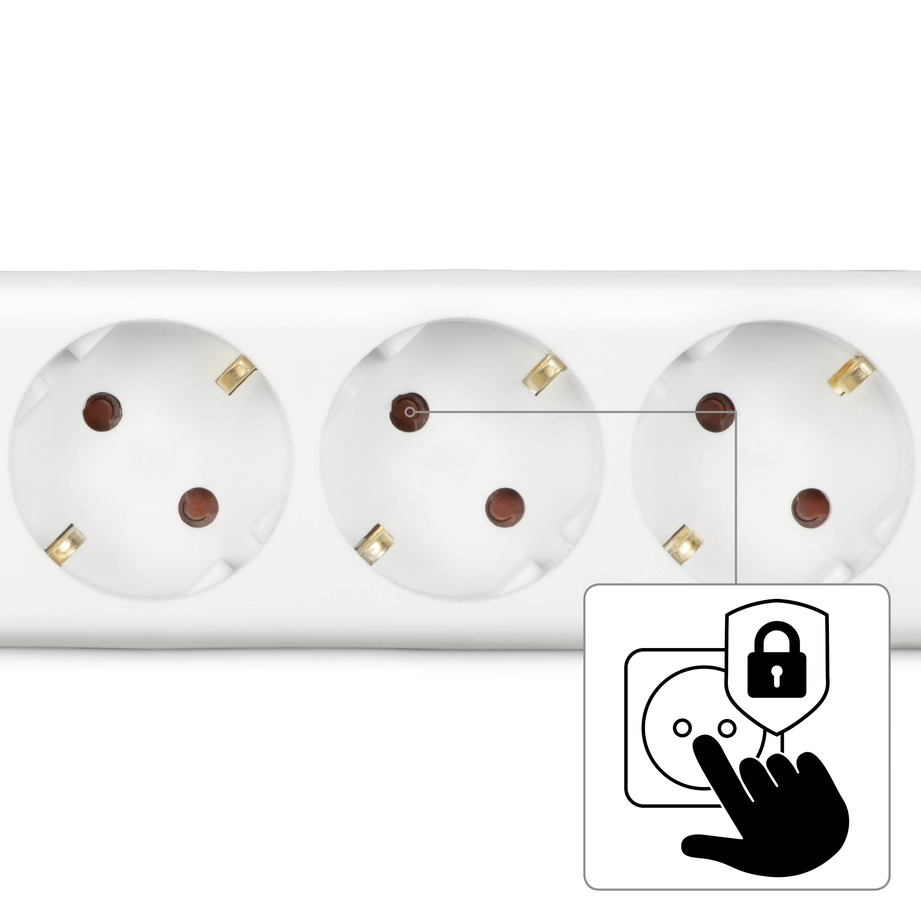 Eine Mehrfachsteckdosenleiste mit einem Symbol, das einen Finger zeigt, der auf einem Schloss-Symbol auf einer Steckdose drückt.