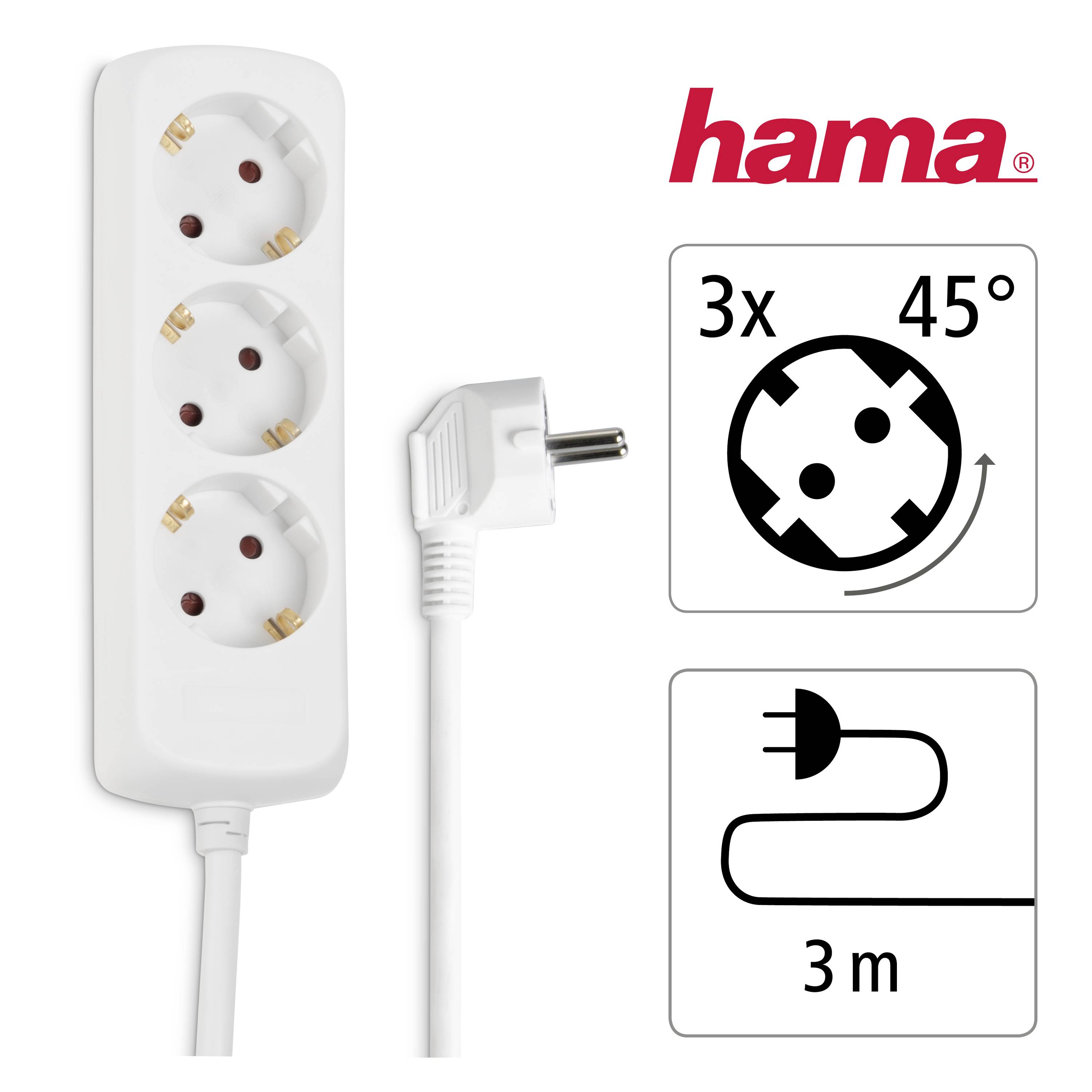 Weiße Dreifach-Steckdosenleiste, drei Steckplätze in 45°-Winkel, 3 Meter Kabel. Marke 'hama', geeignet für Innenbereich.