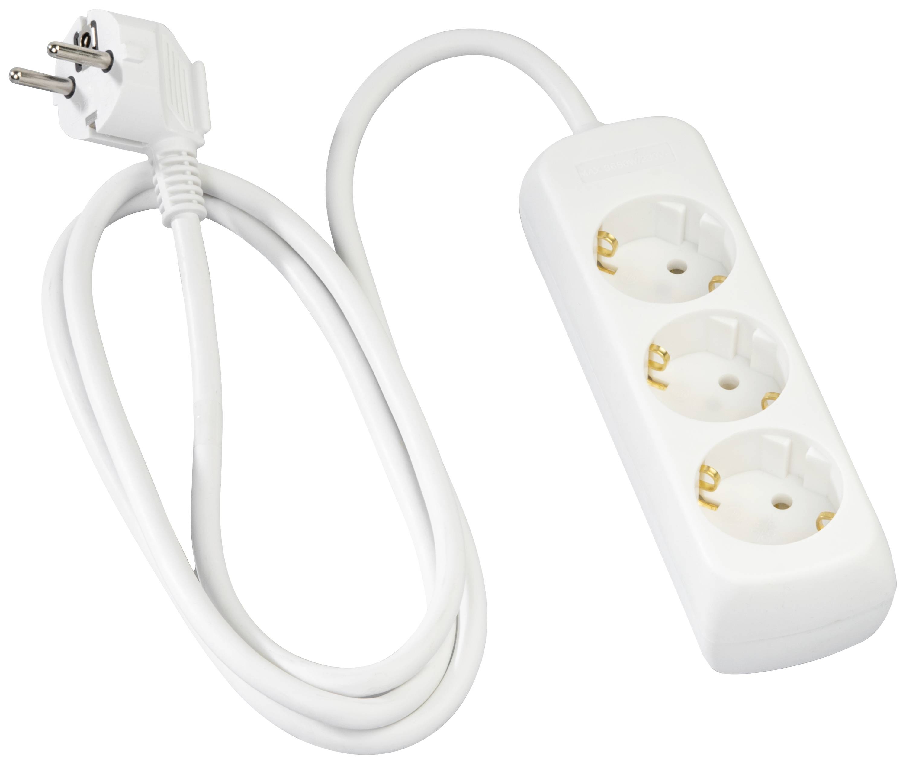 Dreifach-Steckdosenleiste mit europäischem Stecker und weißem Kabel. Ideal zum Anschließen mehrerer Geräte an eine Stromquelle.
