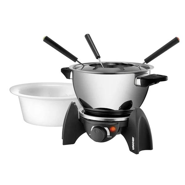 Elektrisches Fondue-Set in Silber und Schwarz mit drei Gabeln und einem weißen Keramiktopf. Ideal für gesellige Anlässe.