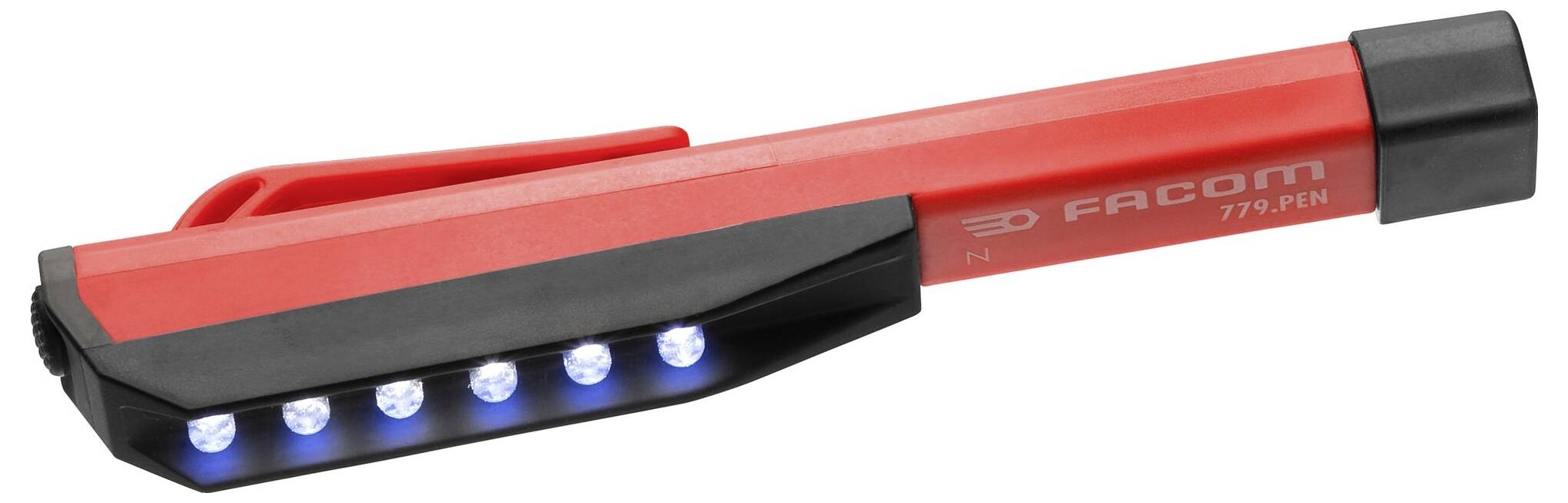 Roter Stift mit schwarzem Clip und sechs leuchtenden LED-Lichtern entlang der Seite.