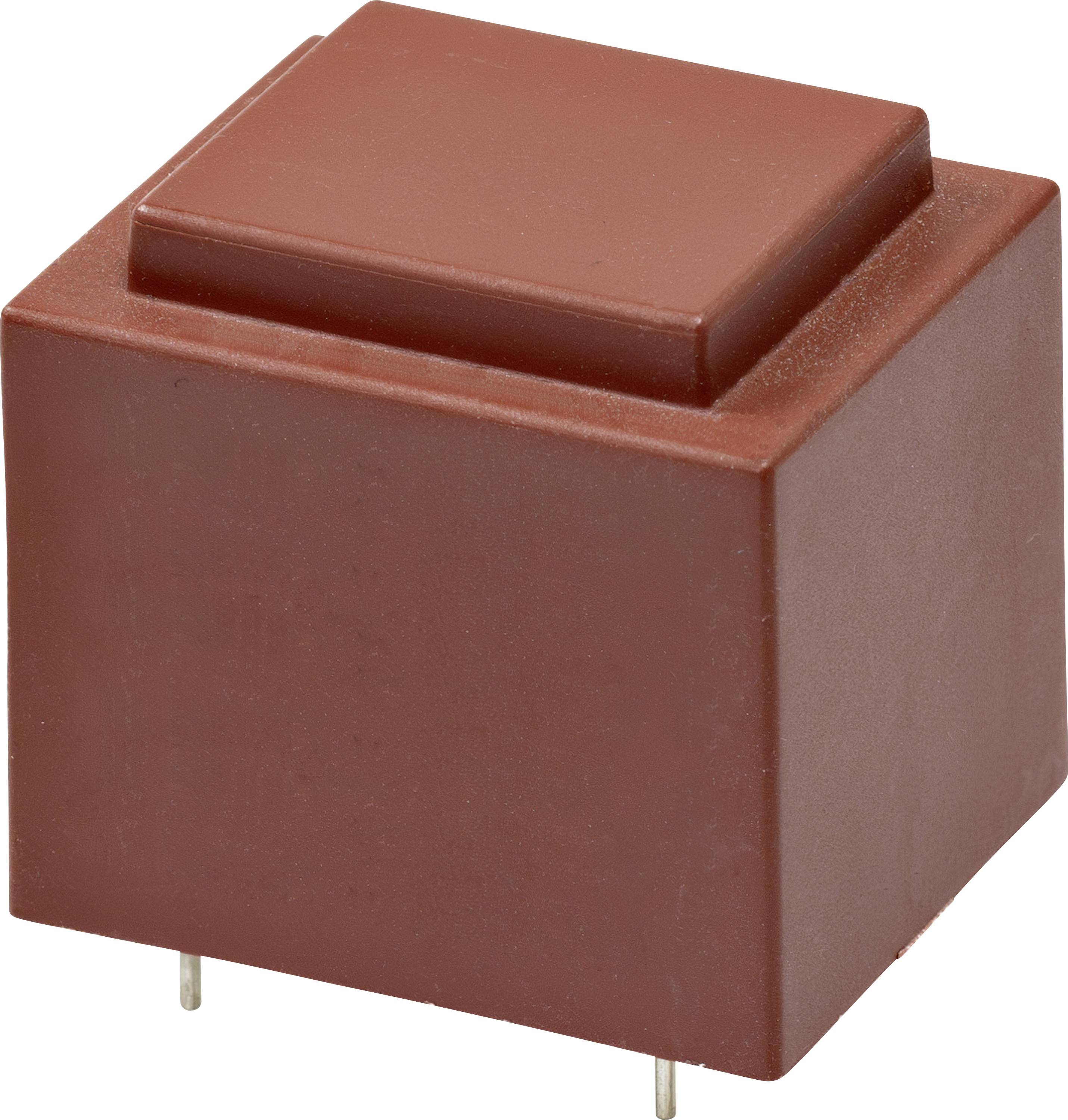 Ein roter quadratischer Relaiskomponente mit zwei Metallstiften, die unten herausragen.