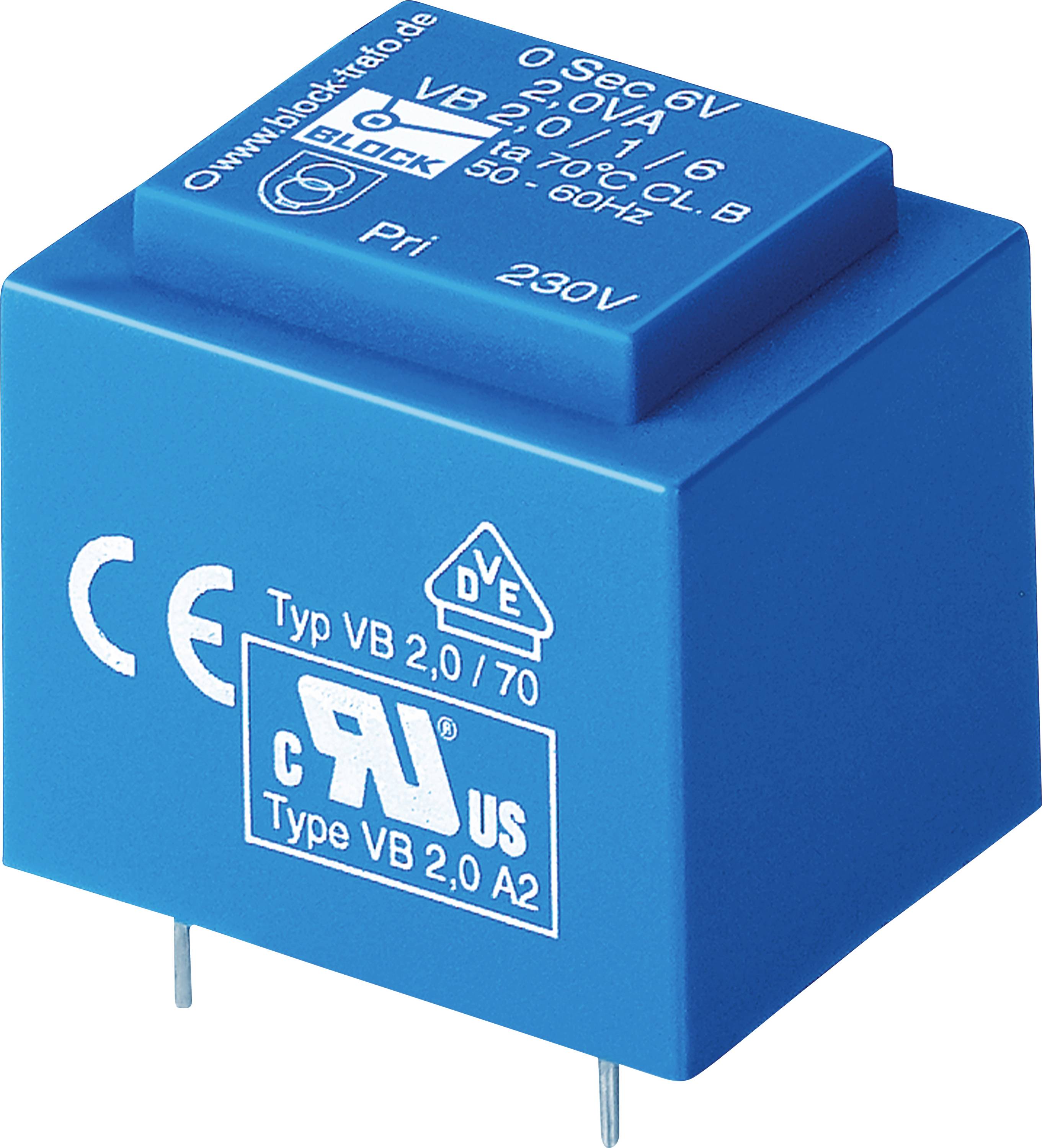Ein blauer Elektrotransformator mit der Markierung '0 Sek 6V, 2,0VA, Typ VB 2,0/70'. Er ist mit CE- und UL-Symbolen zertifiziert und wird zur Spannungsregulierung verwendet.