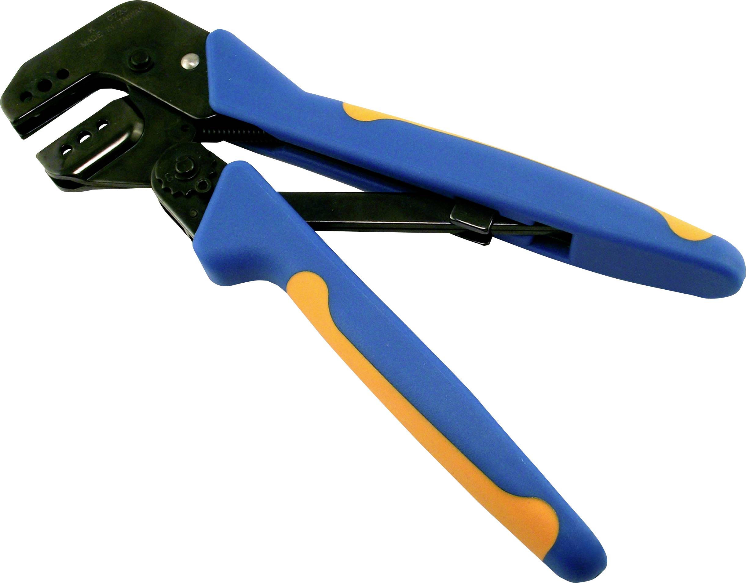 Ein Crimpwerkzeug mit blauem und orangefarbenem Griff und Metallbacken, das zum Verbinden oder Komprimieren von Steckverbindern verwendet wird, ist auf weißem Hintergrund positioniert.