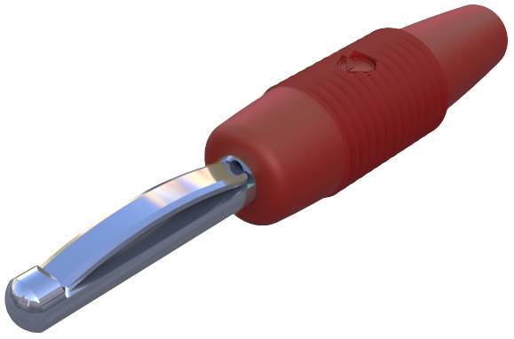 Roter Sicherheitsschneider mit silberner Klinge, hauptsächlich zum Schälen von Gemüse, auf weißem Hintergrund.