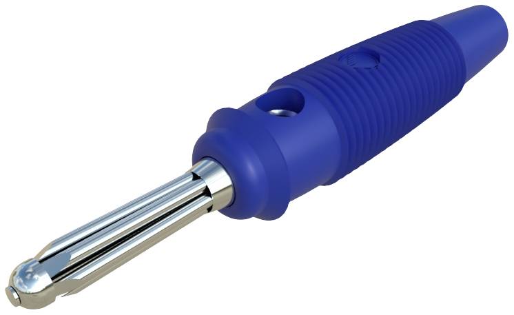 Blauer Bananenstecker mit geripptem Griff und metallischer Spitze, verwendet für elektrische Verbindungen in Audio- und Elektronikgeräten.