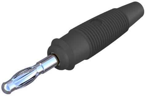 Ein schwarzer Bananenstecker mit geriffeltem Griff und silberner Spitze, verwendet für elektrische Verbindungen.