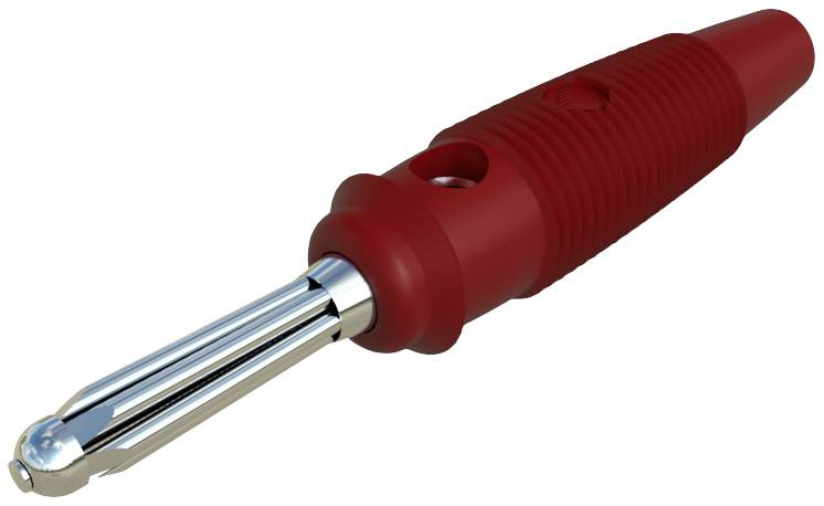 Ein roter Bananenstecker mit geriffelter Oberfläche und einem glänzenden Metallkontakt, genutzt für elektrische Verbindungen.