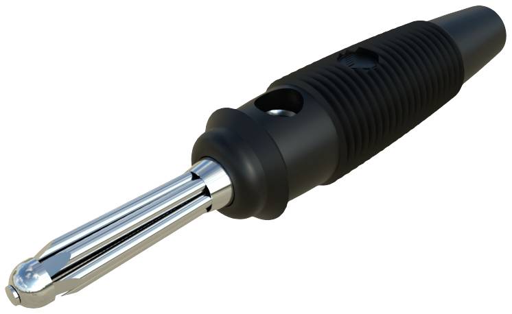 Ein schwarzer und silberner Audio-Steckeradapter mit geriffeltem Griff und metallischer Spitze, vor weißem Hintergrund.