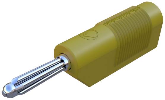 Gelber, zylindrischer Prüfstecker mit Metallkontaktstiften.