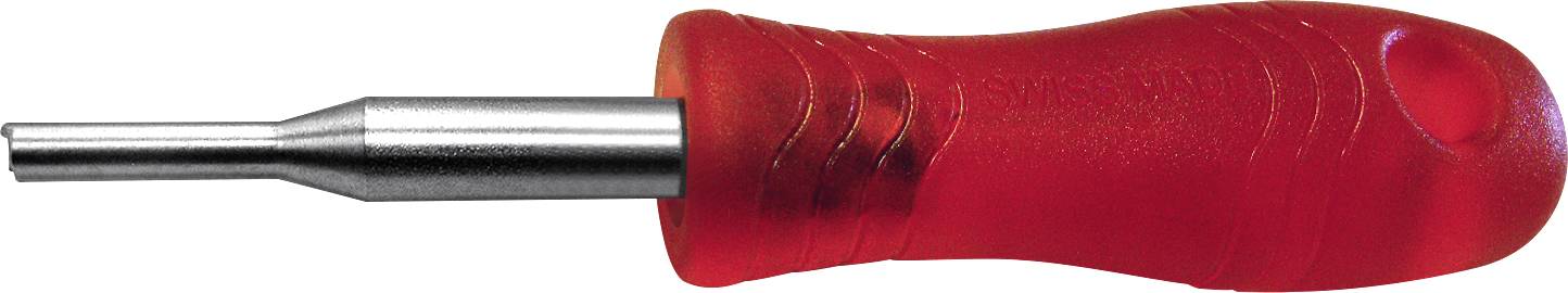 Roter Schraubendreher mit geriffeltem Griff und Metallspitze, horizontal ausgerichtet.