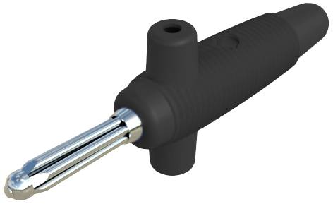 Schwarzer Bananenstecker mit Metall-Kontaktstift und zwei Kunststoffgriffen, verwendet zur elektrischen Verbindung.