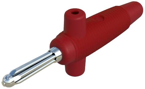 Roter Bananaschutzstecker mit Metallkontakt, Seitenansicht. Hauptsächlich für elektrische Verbindungen verwendet.