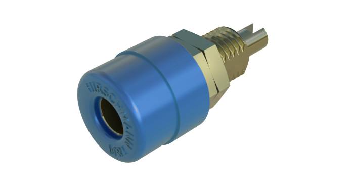 Blauer Druckknopf mit Metallgewinde, häufig in hydraulischen oder pneumatischen Systemen verwendet.