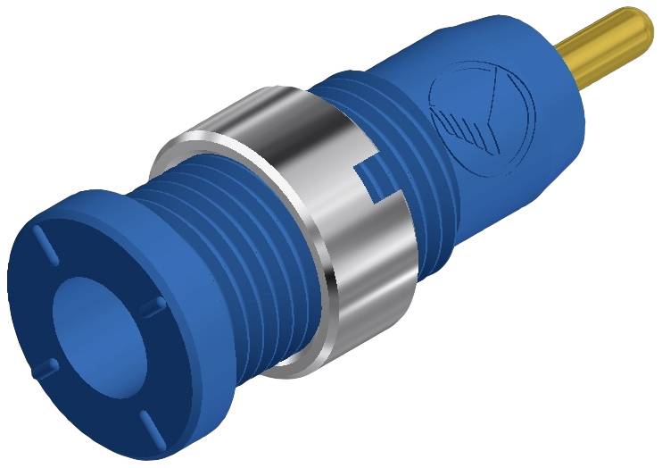 Ein blauer koaxialer Verbinder mit einem runden, silbernen Metallgehäuse und einem gelben Kontaktstift, verwendet für elektrische Verbindungen.