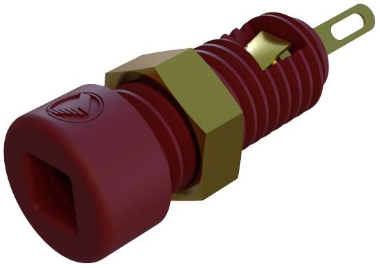 Rotes und goldenes elektronisches Bauteil mit einer hexagonalen Mutter und einem länglichen Anschluss am Ende.