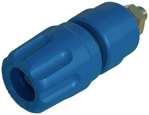 Ein blauer Adapter mit Schraubverschlussmechanismus, stoßfestem Kunststoffgehäuse und einem metallischem Anschluss.