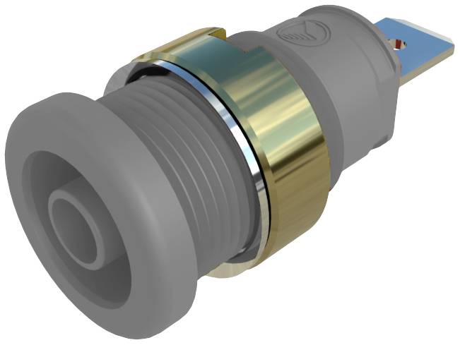 Ein grauer, runder elektrischer Schalter mit goldfarbenem Ring und blauer Befestigung, geeignet für Geräteinstallation.