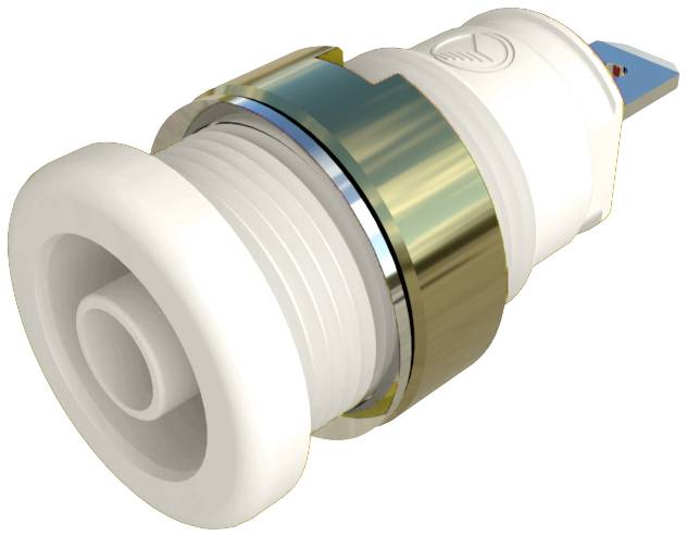 Ein weißer und goldfarbener Rohranschlussadapter aus Kunststoff, wahrscheinlich für Sanitärinstallationen, wird schräg von der Seite gezeigt.