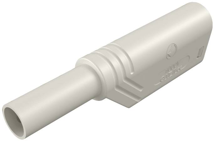 Zylinderförmiger grauer Stecker mit Rillen und Logo auf der Seite, vermutlich ein elektrischer oder elektronischer Anschluss.