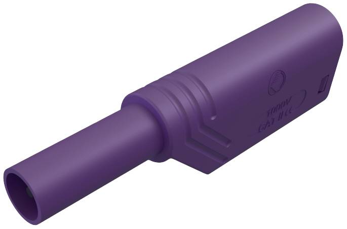 Ein lila Kunststoff-Stecker mit runder Form und seitlichen Rillen. Geeignet für spezifische Anschlussanwendungen.