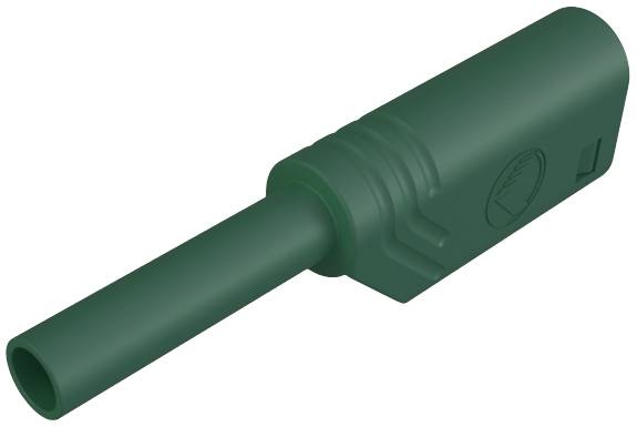 Grüner elektrischer Steckverbinder in zylindrischer Form, seitliche Ansicht, zeigt Rillen für Halt und rechteckigen Sockel.