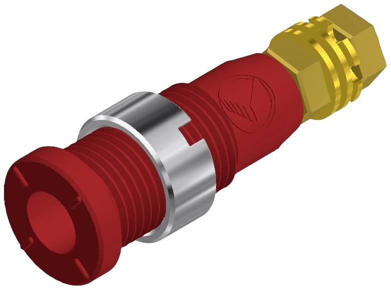 Rotes, zylindrisches Bauteil mit metallischem Ring und sechseckigem goldfarbenem Anschluss. Könnte Teil eines mechanischen Systems sein.