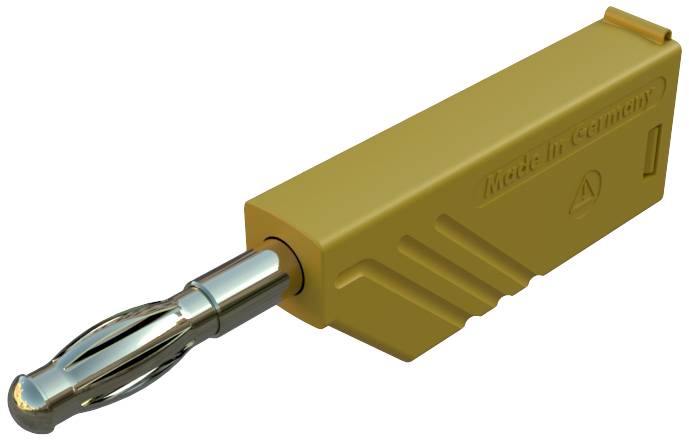 Stecker mit gelbem Gehäuse und silbernem Kontakt; Aufschrift 'Made in Germany'; technische Komponente.
